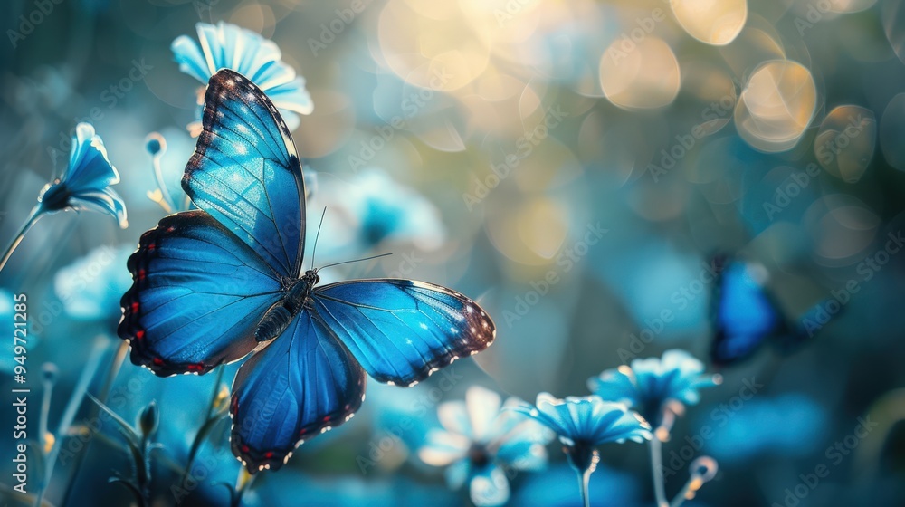 Blue Butterfly. Beautiful Flying Insect on Botanical Background Blue Butterfly. Beautiful Flying Insect on Botanical Background