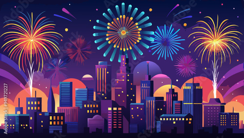 Vibrant Fireworks Display Over City Skyline at Night. Perfect for: New Year's Eve, Independence Day, Festive Occasions