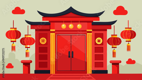 Red Couplets and Lanterns Decorating a Traditional Chinese Doorway. Perfect for: Chinese New Year, Lunar New Year, Cultural Festivals