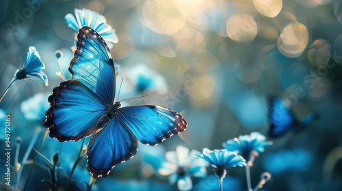 Blue Butterfly. Beautiful Flying Insect on Botanical Background