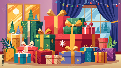 Beautifully Wrapped New Year Gifts in a Cozy Living Room. Perfect for: Christmas, New Year, Family Gatherings, Festive Occasions
