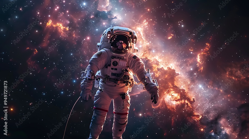 A breathtaking shot of an astronaut floating in space, tethered to a spacecraft, with a vast starry galaxy as the backdrop, the stars and nebulae creating a mesmerizing cosmic scene, A breathtaking shot of an astronaut floating in space, tethered to a spacecraft, with a vast starry galaxy as the backdrop, the stars and nebulae creating a mesmerizing cosmic scene,