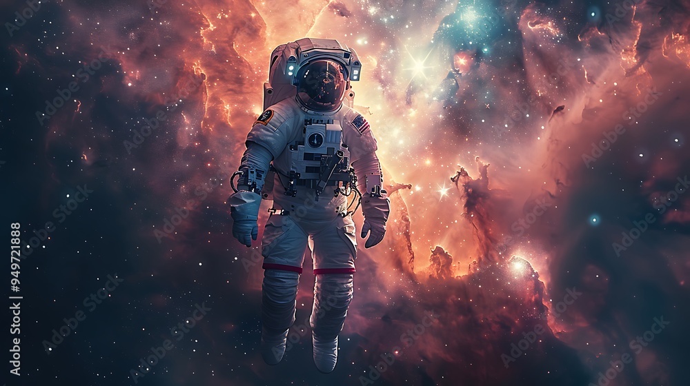 A breathtaking shot of an astronaut floating in space, tethered to a spacecraft, with a vast starry galaxy as the backdrop, the stars and nebulae creating a mesmerizing cosmic scene, A breathtaking shot of an astronaut floating in space, tethered to a spacecraft, with a vast starry galaxy as the backdrop, the stars and nebulae creating a mesmerizing cosmic scene,