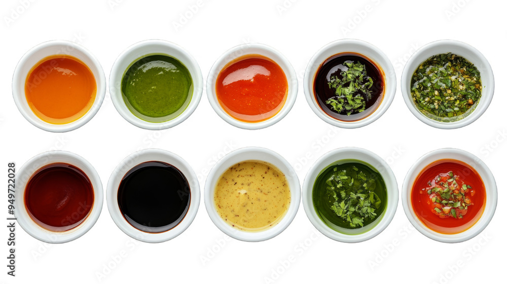 A row of white bowls with different colored sauces