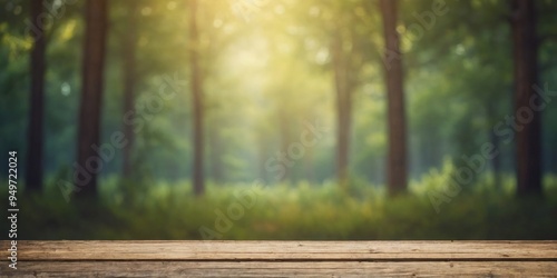 Banner with old wooden planks and blurry forest background.