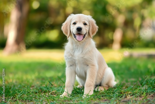 Golden retriever puppy playing on green grass at park. Cute labrador dog in country setting. Happy retriever puppy sitting on grass. Beautiful golden retriever breed