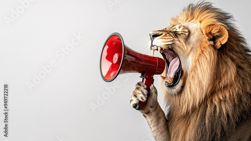 a lion holds a megaphone and yelling, white background. advertisement concept with wide text area