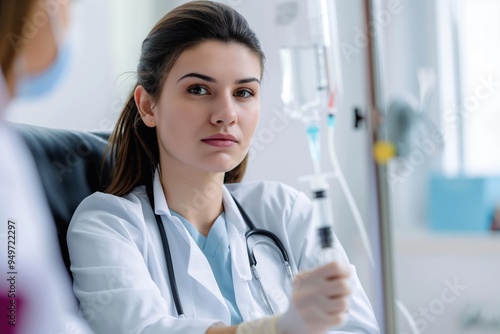 Young female doctor prepares for infusion treatment. Holds syringe, bag with blood plasma. Doctor focused on patient vein for intravenous infusion. Medical equipment, sterile supplies nearby.