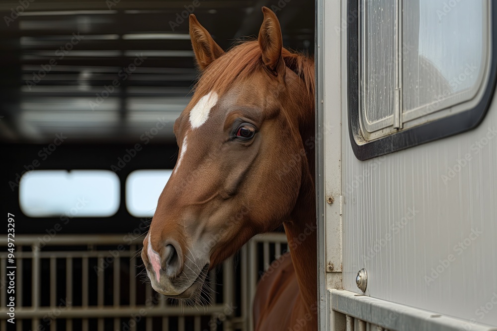 Fototapeta premium Brown horse with white blaze on nose stands in stable. Head turned left, gaze directed towards viewer. Horse positioned in front of white wall with window on right side.