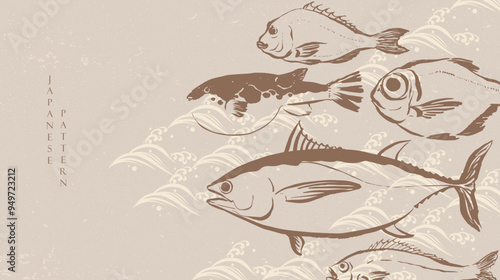 Set of hand draw sea food products. Marine fish. Bluefin tuna, Puffer, red seabeam round, grunt, golden snapper fish illustration in vintage style. Cooking delicatessen ingredients. Seafood of Japan