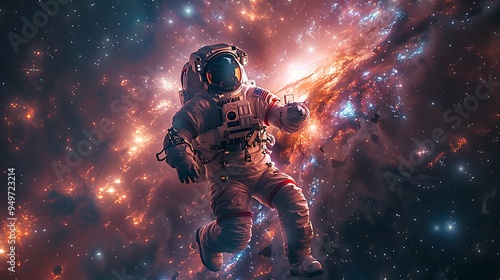 A cinematic shot of an astronaut in deep space, taking a selfie with a distant galaxy in the background, the stars and nebulae creating a stunning cosmic backdrop,