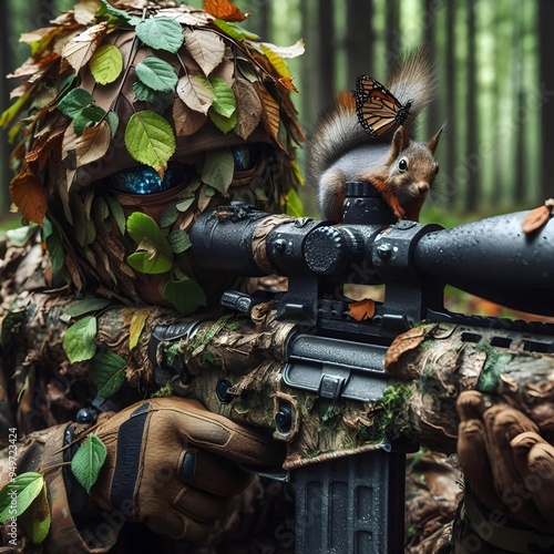 Close-Up View of a Camouflaged Sniper Exhibiting Patience and Precision in Woodland Combat photo