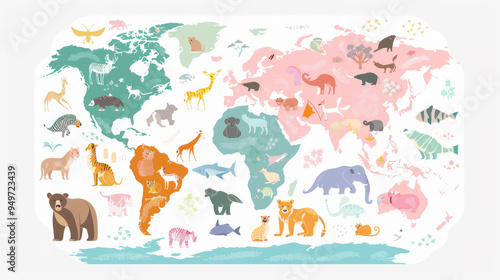 Illustration of a world map made in children's style. Each part of the world depicts animals characteristic