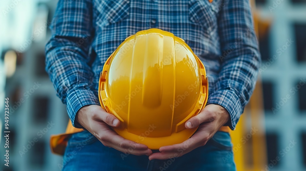 Helmet is in hands of builder Hardhat for head protection Man builder smiles as he holds out his helmet Construction crew worker Hardhat to avoid accident Builder suggests wearing helm : Generative AI Helmet is in hands of builder Hardhat for head protection Man builder smiles as he holds out his helmet Construction crew worker Hardhat to avoid accident Builder suggests wearing helm : Generative AI