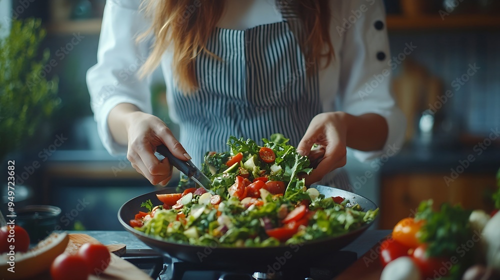 Closeup image of a female chef cooking fresh mixed vegetables salad in kitchen : Generative AI Closeup image of a female chef cooking fresh mixed vegetables salad in kitchen : Generative AI