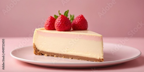 Single slice of cheesecake on plate on pastel pink background. photo