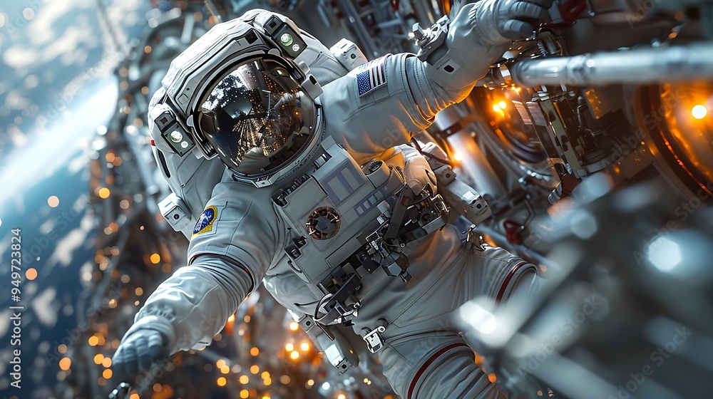 Fototapeta premium A cinematic view of an astronaut repairing a section of the spacecraft’s hull, with a toolkit floating nearby, the spacecraft’s surface reflecting the sunlight,