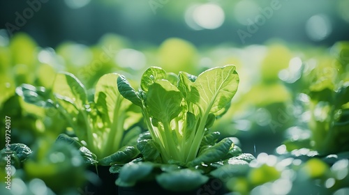 Young and fresh vegetable hydroponic system pak choy grows garden hydroponic agricultural plants on water without soil for health food : Generative AI photo