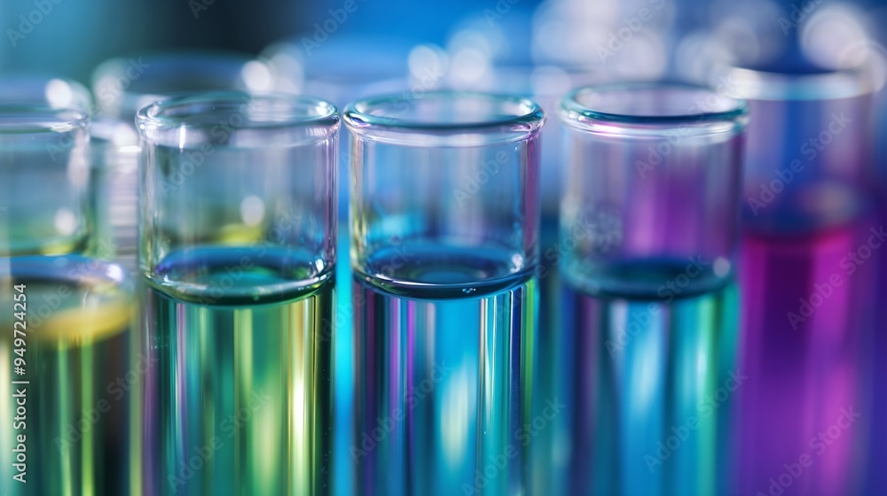 A long row of carefully arranged test tubes filled with various colored liquids A long row of carefully arranged test tubes filled with various colored liquids