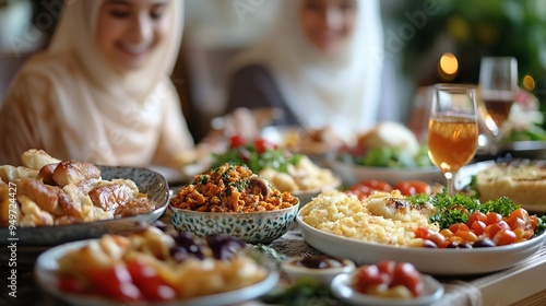 Muslim family having Iftar dinner drinking water to break feast Eating traditional food during Ramadan feasting month at home The Islamic Halal Eating and Drinking in modern home : Generative AI
