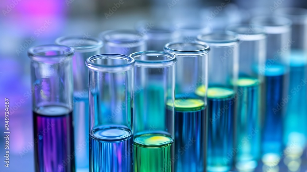 A long row of test tubes that are filled with various colored liquids A long row of test tubes that are filled with various colored liquids