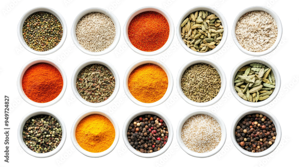 A white bowl filled with a variety of spices including pepper, cumin A white bowl filled with a variety of spices including pepper, cumin