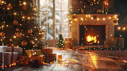  A Warm and Cozy Christmas Living Room with Glittering Decorations, Featuring a Large Christmas Tree, Stockings by the Fireplace, and Gift Boxes, Perfectly Capturing the Holiday Spirit