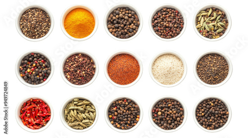 A white bowl filled with a variety of spices including pepper, cumin