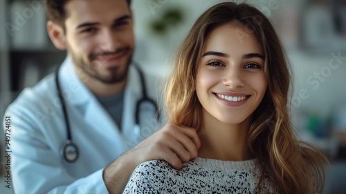 Portrait of a male doctor support young smiling female patient putting hand on her shoulder Physician sitting in medical clinic giving consultation a woman during medical examination i : Generative AI