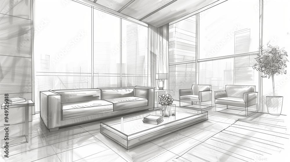 Monochromatic Sketch of a Modern, Minimalist Living Room Interior Featuring an Open Staircase and Contemporary Furniture Design, Emphasizing Simplicity and Functionality Monochromatic Sketch of a Modern, Minimalist Living Room Interior Featuring an Open Staircase and Contemporary Furniture Design, Emphasizing Simplicity and Functionality