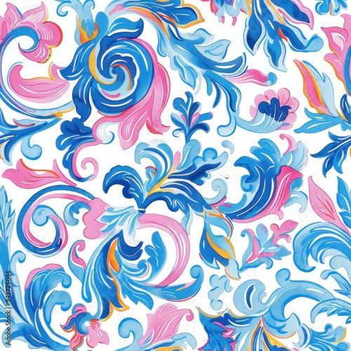 Blue painting style chintz and pastels seamless repeating flower pattern on white background
