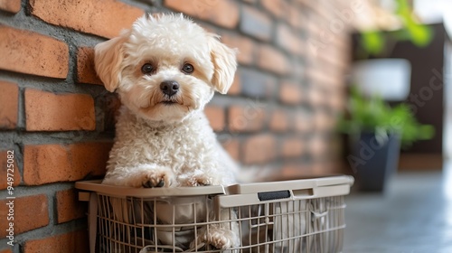 Travel carrier box for animals Cute bichon frise dog sitting by travel pet carrier brick wall background copy space : Generative AI photo