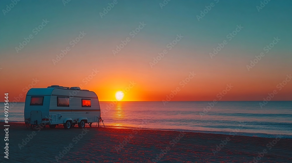 Sun rising over sea horizon day break and caravan parking on beach sea shore Travel with mobile home : Generative AI