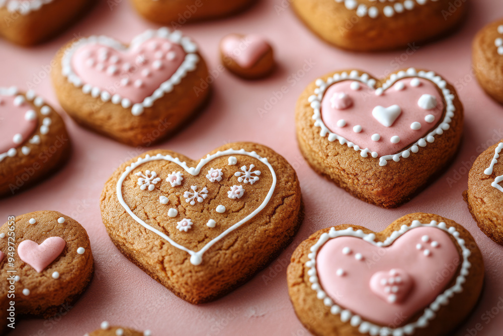 Fragmented gingerbread hearts forming geometric patterns on a pastel red background, Fragmented gingerbread hearts forming geometric patterns on a pastel red background,