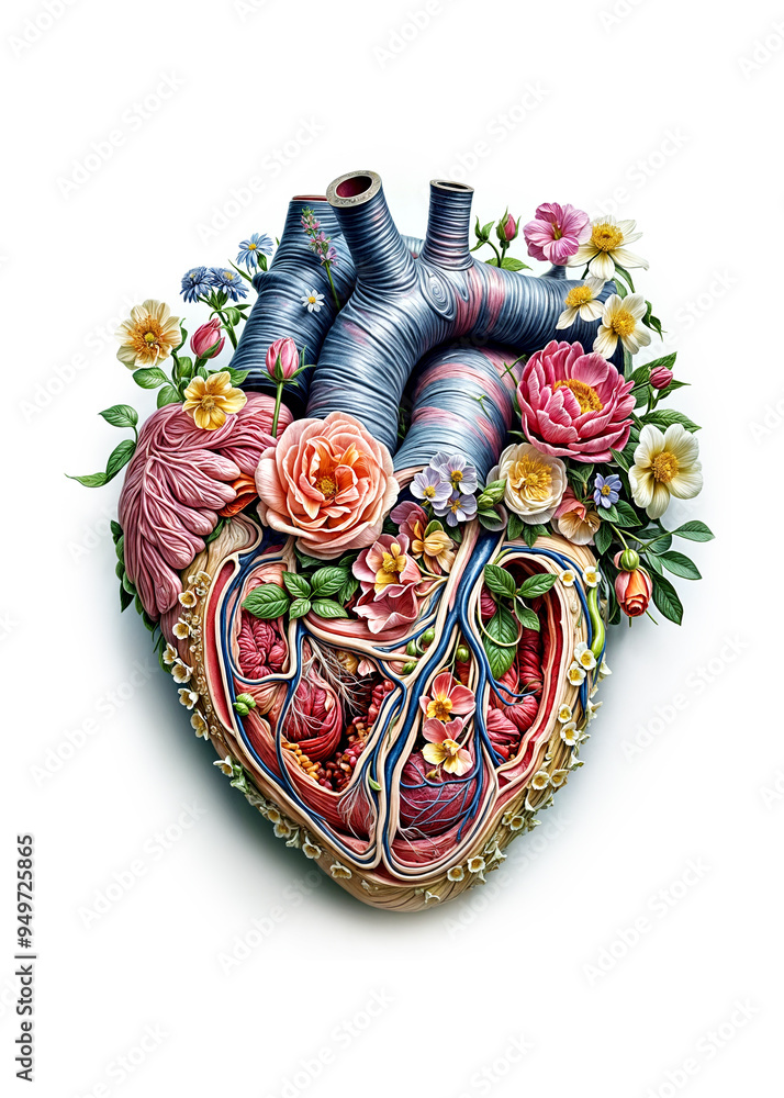 Naklejka premium Anatomical Heart Illustration with Flowers Blending Medical and Artistic Elements