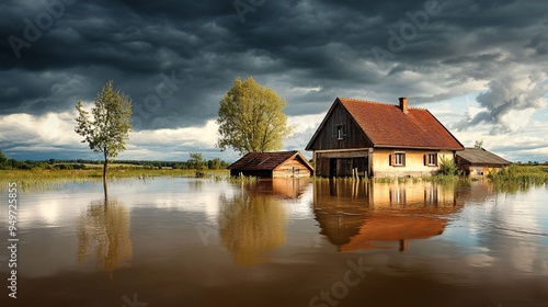 Photography flooded rural area submerged homes and fields capturing the effects of heavy rainfall and flooding cloudy sky waterlogged ground photo