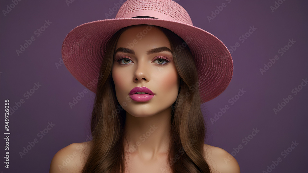 Elegant lady in wide brimmed hat with pink lips makeup on white background. Young and beautiful woman is ready for party. Retro fashion concept Elegant lady in wide brimmed hat with pink lips makeup on white background. Young and beautiful woman is ready for party. Retro fashion concept