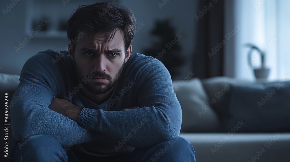 Obraz premium Man with mental health problem sitting on couch to resting head on his arms with depressed emotion : Generative AI