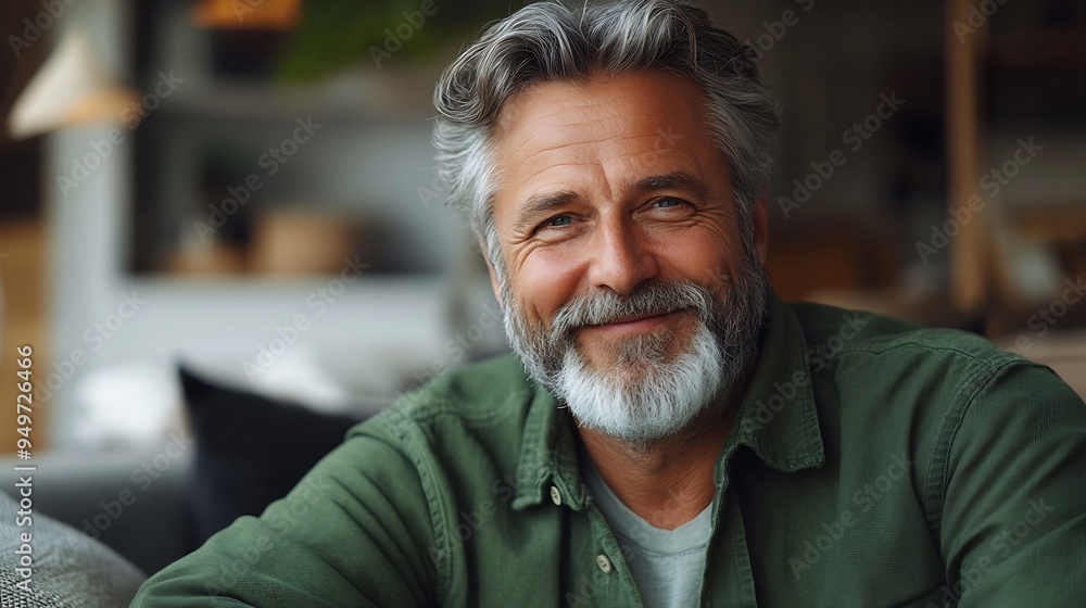 Portrait of happy smiling middle aged mature senior 50 years old bearded man wearing green shirt sitting on couch at home interior looking at camera relaxing on sofa in modern house : Generative AI Portrait of happy smiling middle aged mature senior 50 years old bearded man wearing green shirt sitting on couch at home interior looking at camera relaxing on sofa in modern house : Generative AI