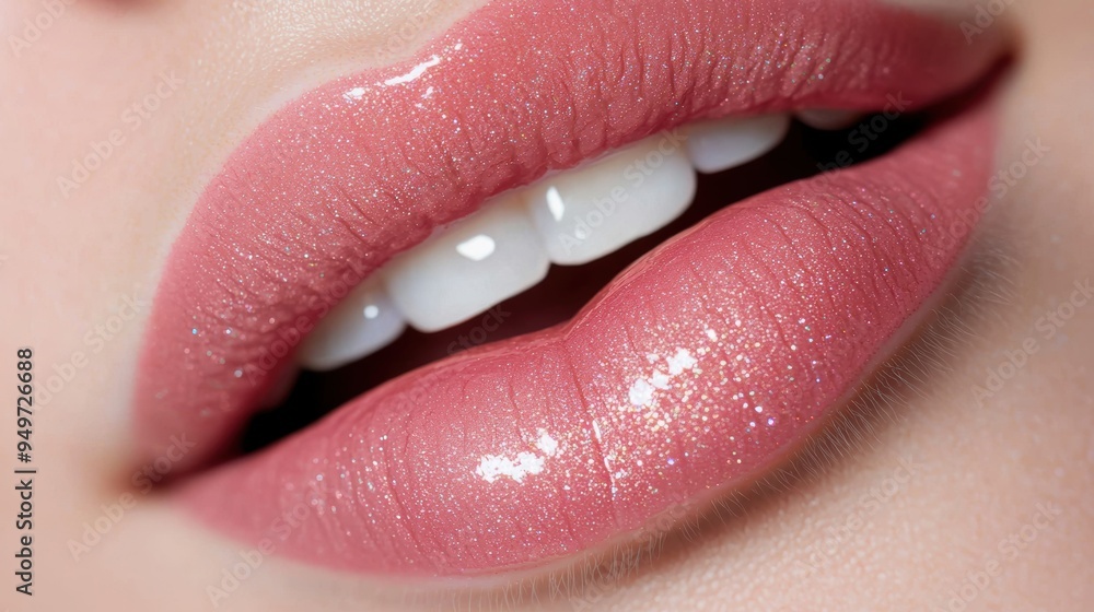 Close-up of soft, glossy lips showcasing a beautiful pink shade, perfect for beauty and cosmetic themes in photography. Close-up of soft, glossy lips showcasing a beautiful pink shade, perfect for beauty and cosmetic themes in photography.