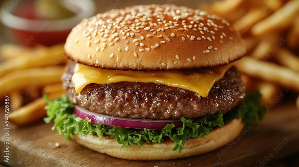 Hamburger with beef patty cheese and onion near french fries on wooden brown table American highcalorie fast food quick snack : Generative AI Hamburger with beef patty cheese and onion near french fries on wooden brown table American highcalorie fast food quick snack : Generative AI