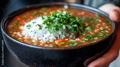 Closeup of a person enjoying a spicy seafood soup with rice garnished with herbs in a modern black bowl conveying the warmth and flavor of the dish : Generative AI