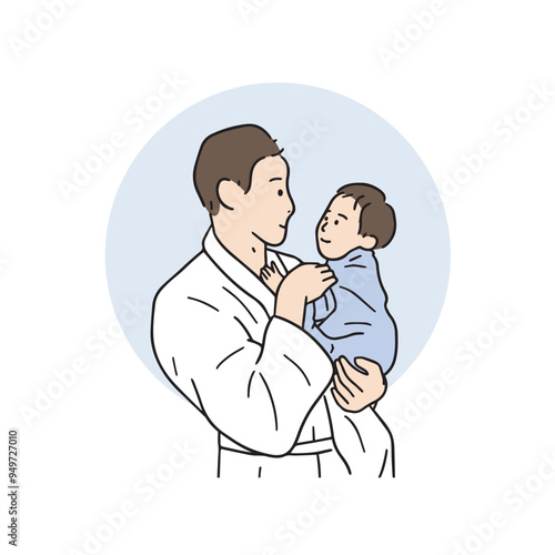 An illustration of a father-son affectionate figure in his father's arms.