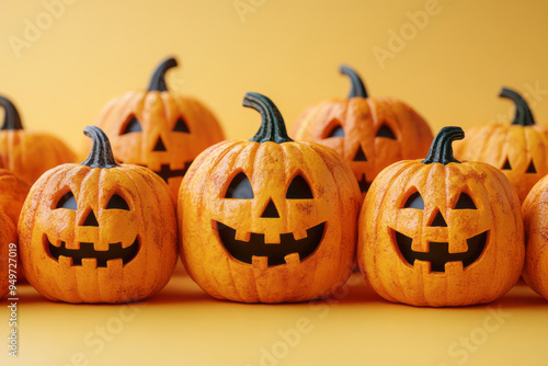 Abstract jack-o'-lantern faces spreading across a pale yellow background. photo