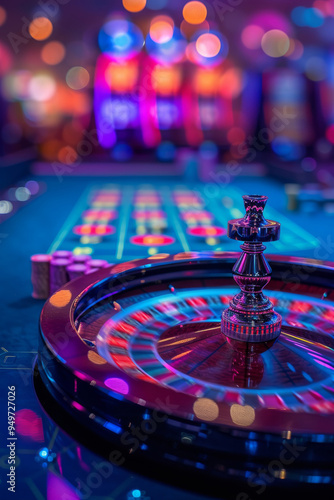 A close-up shot of a spinning roulette wheel in a casino. The wheel is illuminated by colorful lights, creating a vibrant and exciting atmosphere
