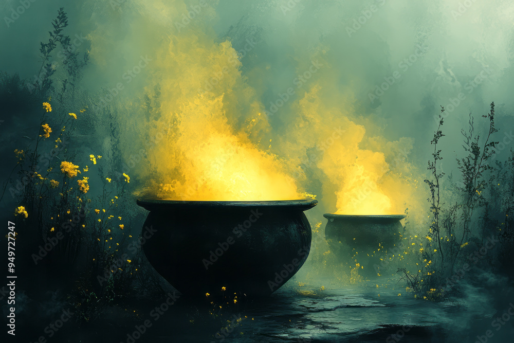 Dissolving witch’s cauldrons blending into a soft pastel yellow mist, Dissolving witch’s cauldrons blending into a soft pastel yellow mist,