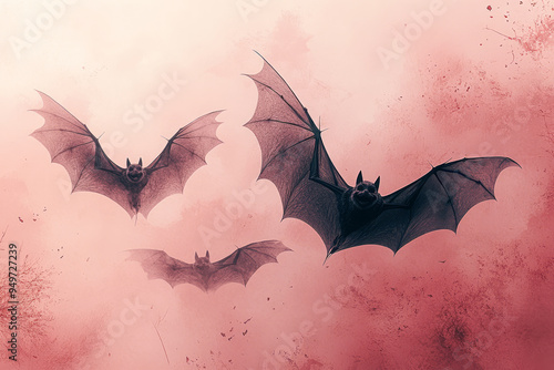 Abstract smiling bats dissolving into a pale pink sky, photo