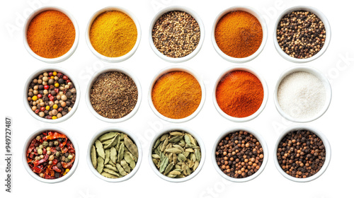 Fototapeta Naklejka Na Ścianę i Meble -  A white bowl filled with a variety of spices including pepper, cumin