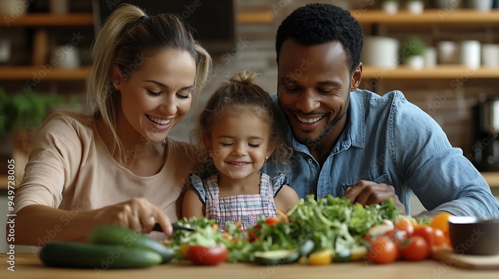 Happy diverse parents with little daughter cooking salad together preparing lunch chopping vegetables sitting at wooden table in kitchen African American mother and Caucasian father wi : Generative AI Happy diverse parents with little daughter cooking salad together preparing lunch chopping vegetables sitting at wooden table in kitchen African American mother and Caucasian father wi : Generative AI