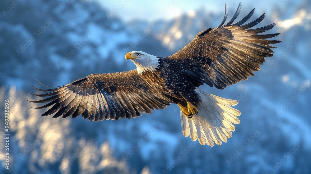 Bald Eagle in Flight Against a Snowy Mountain Background Bald Eagle in Flight Against a Snowy Mountain Background